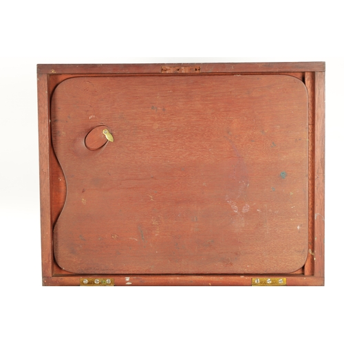 380 - A GEORGE III MAHOGANY ARTIST BOX of rectangular form with brass side handles, the hinged lid open ei... 