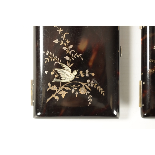 383 - TWO 19TH CENTURY TORTOISESHELL SILVER INLAID NOTE BOOKCASES finely inlaid with floral scenes and fit... 