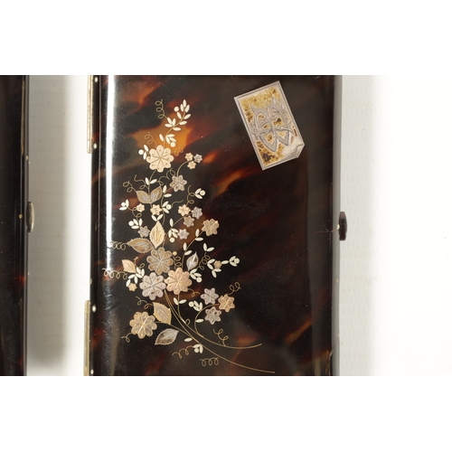 383 - TWO 19TH CENTURY TORTOISESHELL SILVER INLAID NOTE BOOKCASES finely inlaid with floral scenes and fit... 