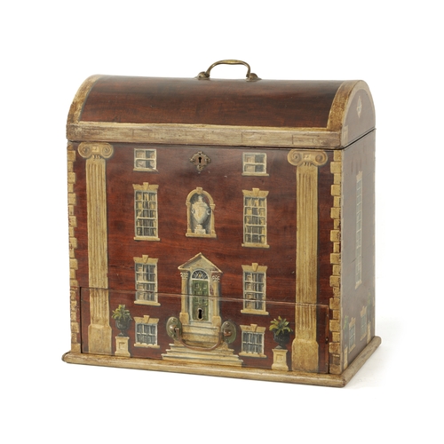 384 - A GEORGIAN MAHOGANY CELLARETTE with country house painted decoration, the bowed hinged lid opening t... 