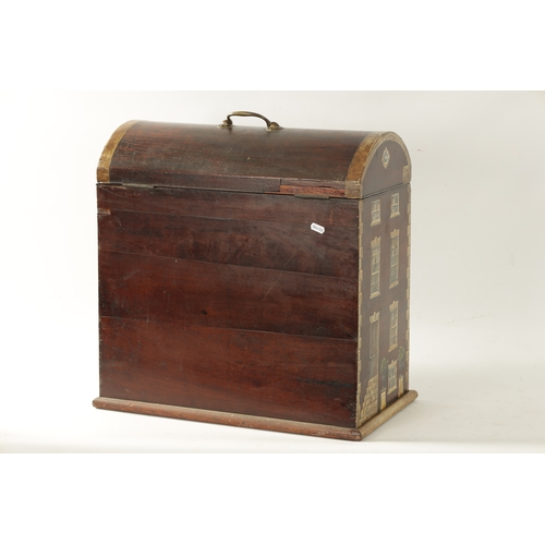 384 - A GEORGIAN MAHOGANY CELLARETTE with country house painted decoration, the bowed hinged lid opening t... 