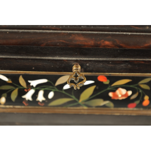 385 - A 19TH CENTURY FRENCH EBONY AND PIETRA DURA PANELLED JEWELLERY CASKET the moulded box inset with Ita... 