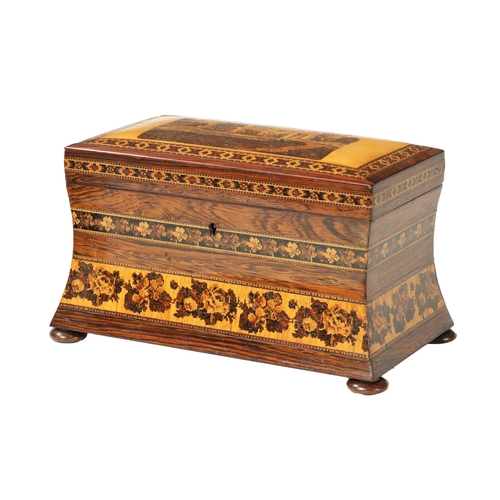 386 - A LATE 19TH CENTURY TUNBRIDGE WARE INALID TEA CADDY with castle panelled top and floral borders, rai... 