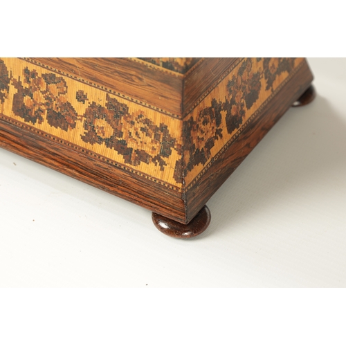 386 - A LATE 19TH CENTURY TUNBRIDGE WARE INALID TEA CADDY with castle panelled top and floral borders, rai... 