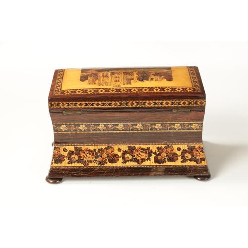 386 - A LATE 19TH CENTURY TUNBRIDGE WARE INALID TEA CADDY with castle panelled top and floral borders, rai... 