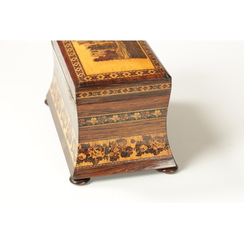 386 - A LATE 19TH CENTURY TUNBRIDGE WARE INALID TEA CADDY with castle panelled top and floral borders, rai... 