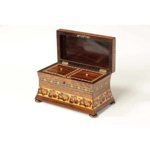 386 - A LATE 19TH CENTURY TUNBRIDGE WARE INALID TEA CADDY with castle panelled top and floral borders, rai... 