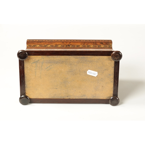 386 - A LATE 19TH CENTURY TUNBRIDGE WARE INALID TEA CADDY with castle panelled top and floral borders, rai... 