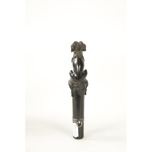 395 - A 19TH CENTURY FRENCH FINELY CARVED EBONY AND SILVER MOUNTED WALKING CAN HANDLE with tapered shank a... 