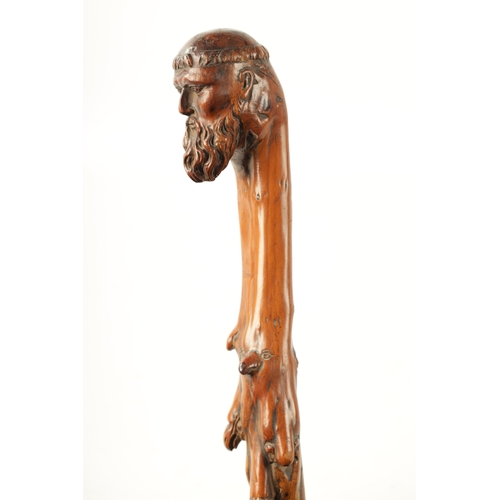 401 - A LATE 18TH/EARLY 19TH CENTURY CARVED ROOTWOOD WALKING STICK the carved monk's head handle above haw... 