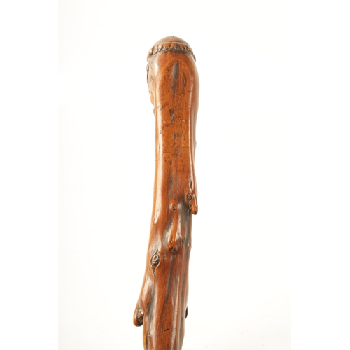 401 - A LATE 18TH/EARLY 19TH CENTURY CARVED ROOTWOOD WALKING STICK the carved monk's head handle above haw... 