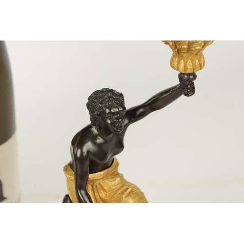 403 - A PAIR OF FRENCH EMPIRE BRONZE AND ORMOLU BLACKAMOOR CANDLESTICKS modelled as kneeling male and fema... 