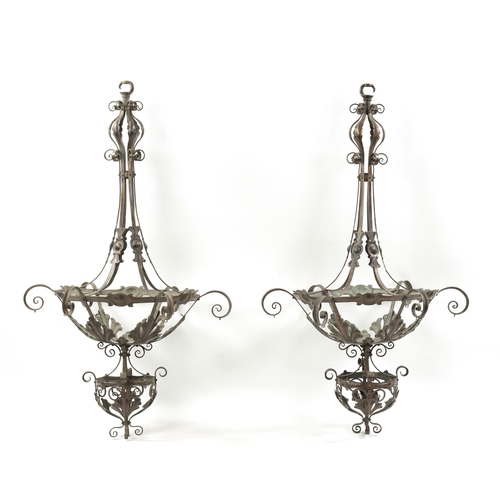 405 - AN IMPRESSIVE LARGE PAIR OF ARTS AND CRAFTS PLANISHED BRASS HANGING LIGHTS with scrolled frames and ... 