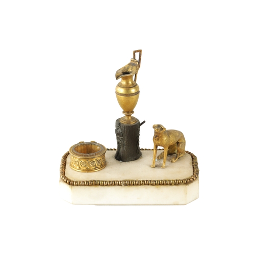 406 - A LATE GEORGE III ORMOLU, BRONZE AND WHITE MARBLE INKSTAND retailed by Thomas Week's Museum (14cm hi... 