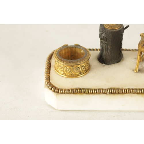 406 - A LATE GEORGE III ORMOLU, BRONZE AND WHITE MARBLE INKSTAND retailed by Thomas Week's Museum (14cm hi... 