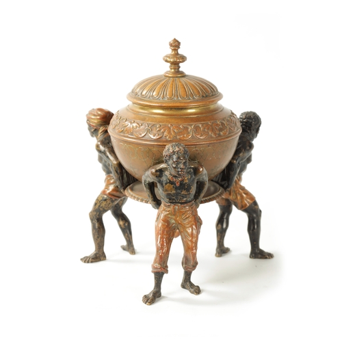 412 - A 19TH CENTURY COLD PAINTED BRONZE TABLE CENTRE PIECE with embossed lidded urn supported by three fi... 