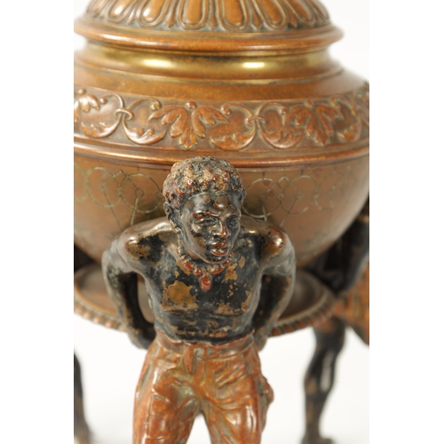 412 - A 19TH CENTURY COLD PAINTED BRONZE TABLE CENTRE PIECE with embossed lidded urn supported by three fi... 