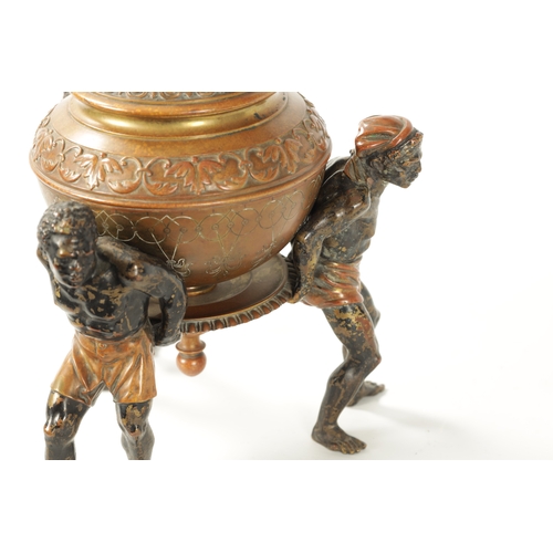 412 - A 19TH CENTURY COLD PAINTED BRONZE TABLE CENTRE PIECE with embossed lidded urn supported by three fi... 