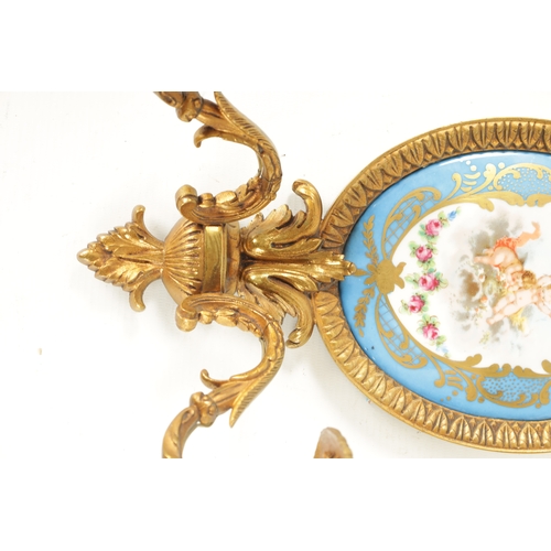 413 - A PAIR OF 19TH CENTURY STYLE FRENCH SERVES PANELLED AND ORMOLU MOUNTED TWO BRANCH WALL LIGHTS having... 