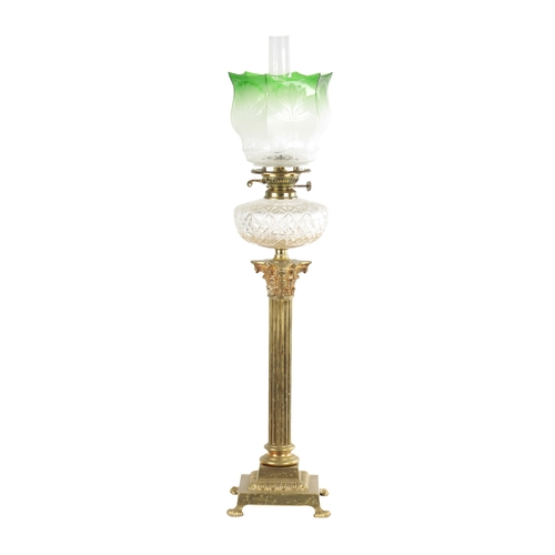 417 - A LATE 19TH CENTURY CORINTHIAN COLUMN SQUARE BASE BRASS OIL LAMP with cut clear glass reservoir, dou... 