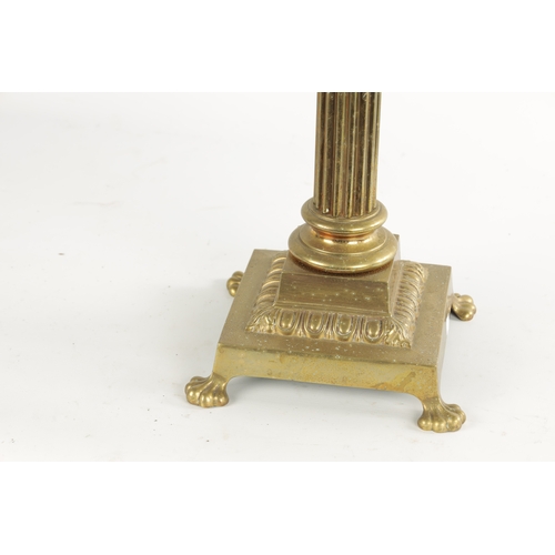 417 - A LATE 19TH CENTURY CORINTHIAN COLUMN SQUARE BASE BRASS OIL LAMP with cut clear glass reservoir, dou... 