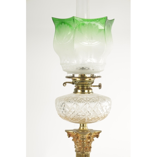 417 - A LATE 19TH CENTURY CORINTHIAN COLUMN SQUARE BASE BRASS OIL LAMP with cut clear glass reservoir, dou... 