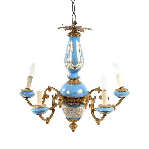 418 - A 19TH CENTURY STYLE SERVES AND ORMULU FIVE BRANCH CEILING LIGHT with hand painted and gilt high-lig... 