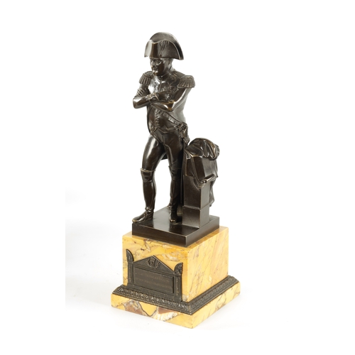 420 - A GOOD REGENCY FIGURAL BRONZE STATUE OF NAPOLEON mounted on a sienna plinth base with inscribed tomb... 