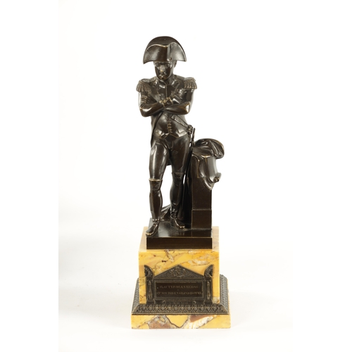 420 - A GOOD REGENCY FIGURAL BRONZE STATUE OF NAPOLEON mounted on a sienna plinth base with inscribed tomb... 