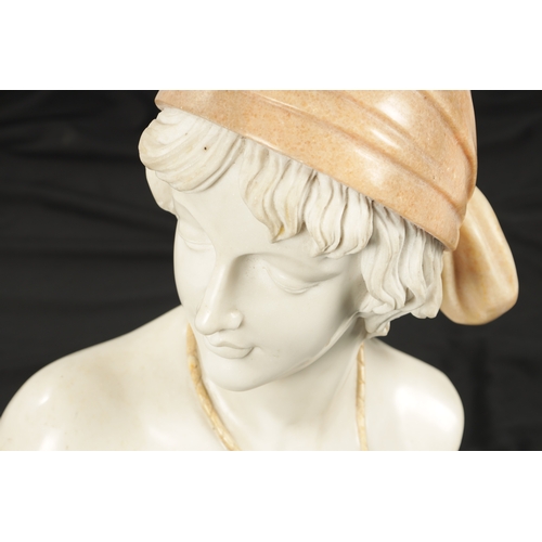 423 - AN ART DECO CARVED MARBLE BUST depicting a young lady wearing a headress and raised on a stylised an... 