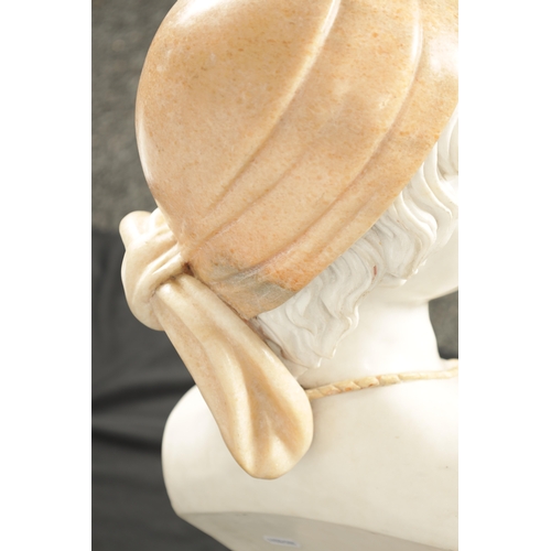 423 - AN ART DECO CARVED MARBLE BUST depicting a young lady wearing a headress and raised on a stylised an... 