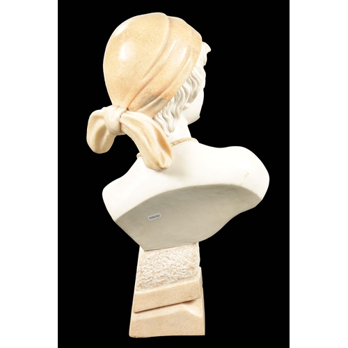 423 - AN ART DECO CARVED MARBLE BUST depicting a young lady wearing a headress and raised on a stylised an... 