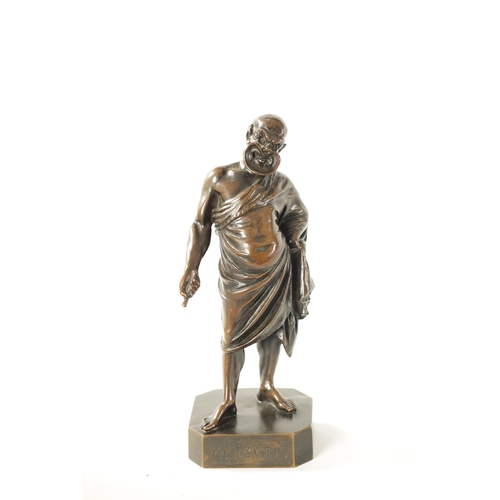 424 - A 19TH CENTURY FIGURAL BRONZE SCULPTURE modelled as a philosopher with grotesque mask, inscribed 