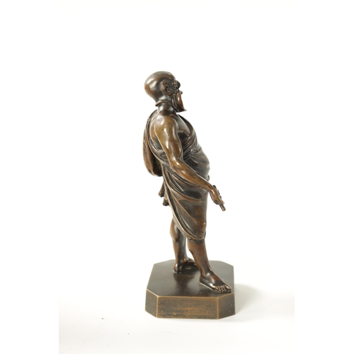 424 - A 19TH CENTURY FIGURAL BRONZE SCULPTURE modelled as a philosopher with grotesque mask, inscribed 