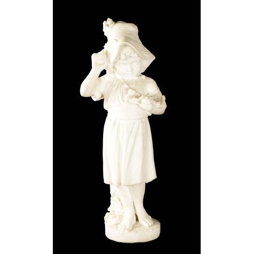 425 - A 19TH CENTURY CARVED CARRERA MARBLE STATUE depicting a young girl with bonnet. (76cm high )