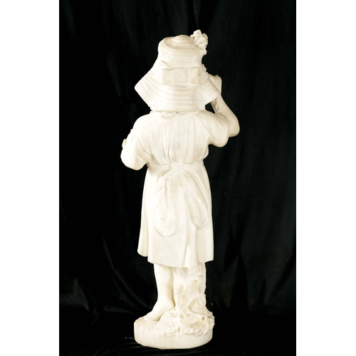 425 - A 19TH CENTURY CARVED CARRERA MARBLE STATUE depicting a young girl with bonnet. (76cm high )