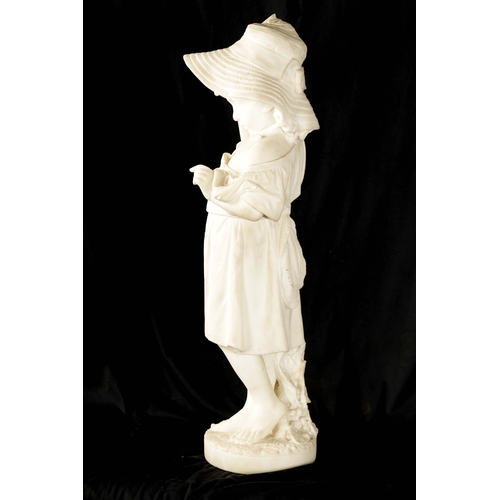 425 - A 19TH CENTURY CARVED CARRERA MARBLE STATUE depicting a young girl with bonnet. (76cm high )