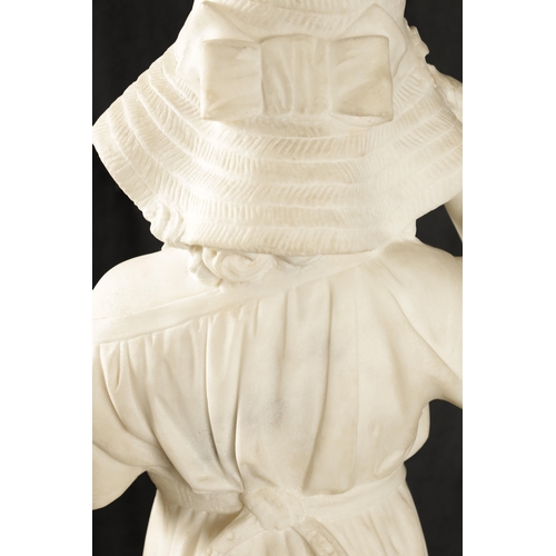 425 - A 19TH CENTURY CARVED CARRERA MARBLE STATUE depicting a young girl with bonnet. (76cm high )