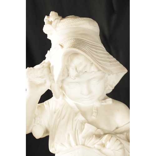 425 - A 19TH CENTURY CARVED CARRERA MARBLE STATUE depicting a young girl with bonnet. (76cm high )