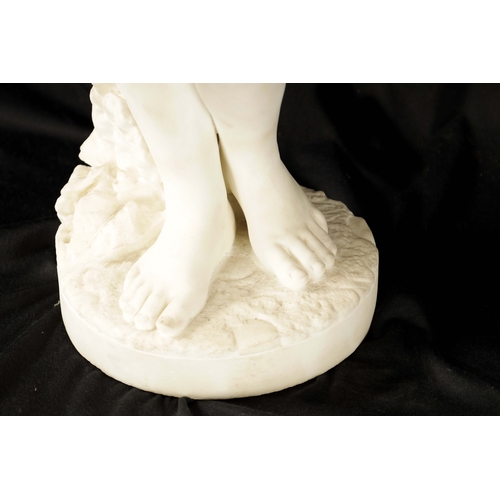 425 - A 19TH CENTURY CARVED CARRERA MARBLE STATUE depicting a young girl with bonnet. (76cm high )