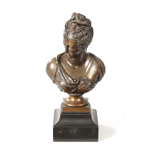 429 - A LATE 19TH CENTURY GILT BRONZE BUST OF DIANA finely cast and mounted on a square moulded slate base... 