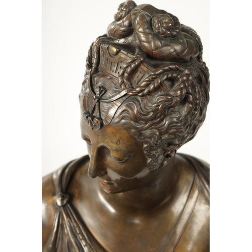 429 - A LATE 19TH CENTURY GILT BRONZE BUST OF DIANA finely cast and mounted on a square moulded slate base... 