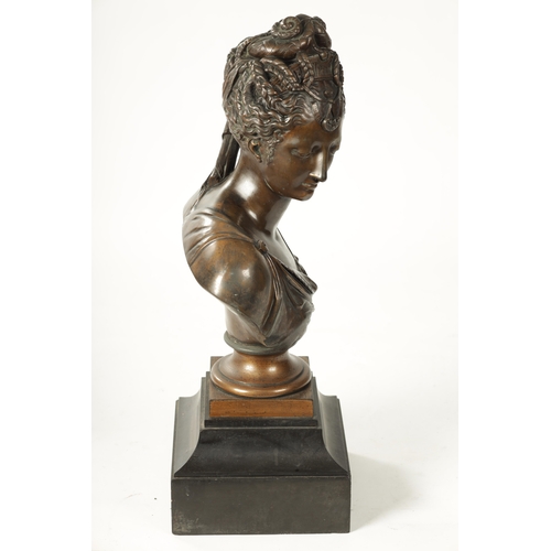 429 - A LATE 19TH CENTURY GILT BRONZE BUST OF DIANA finely cast and mounted on a square moulded slate base... 