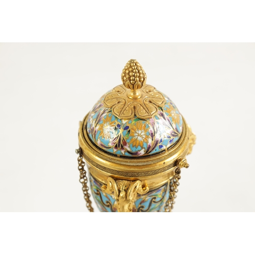 432 - A PAIR OF LATE 19TH CENTURY FRENCH ORMOLU AND CHAMPLEVE ENAMEL CASSOLETTES the domed lids reversing ... 