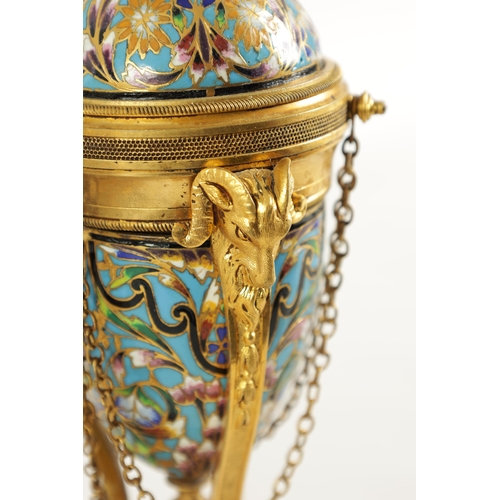 432 - A PAIR OF LATE 19TH CENTURY FRENCH ORMOLU AND CHAMPLEVE ENAMEL CASSOLETTES the domed lids reversing ... 