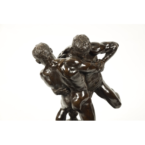 435 - A LARGE AND IMPRESSIVE 19TH CENTURY PATINATED BRONZE FIGURAL SCULPTURE modelled as nude and semi nud... 