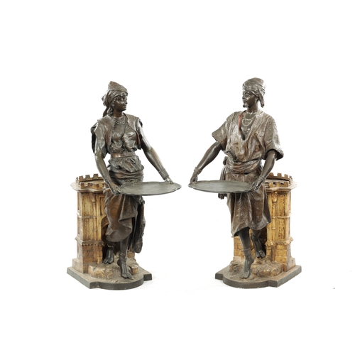 437 - A FINE PAIR OF LATE 19TH CENTURY COLD PAINTED BRONZE METAL STICK / JARDINIERE STANDS depicting Arabi... 