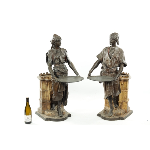 437 - A FINE PAIR OF LATE 19TH CENTURY COLD PAINTED BRONZE METAL STICK / JARDINIERE STANDS depicting Arabi... 