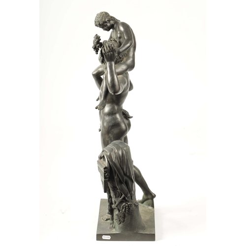 440 - A LARGE 19TH CENTURY FRENCH FIGURAL BRONZE SCULPTURE modelled as a young Pan sat on Bacchus shoulder... 