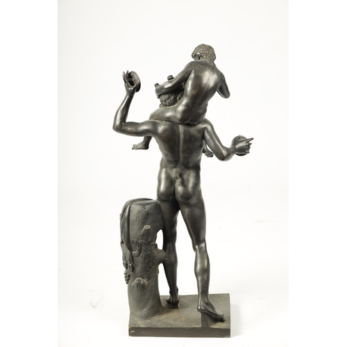 440 - A LARGE 19TH CENTURY FRENCH FIGURAL BRONZE SCULPTURE modelled as a young Pan sat on Bacchus shoulder... 